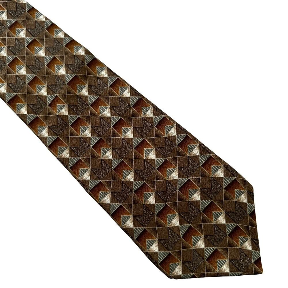Vintage Milano Brown and Green Geometric Silk Necktie XL